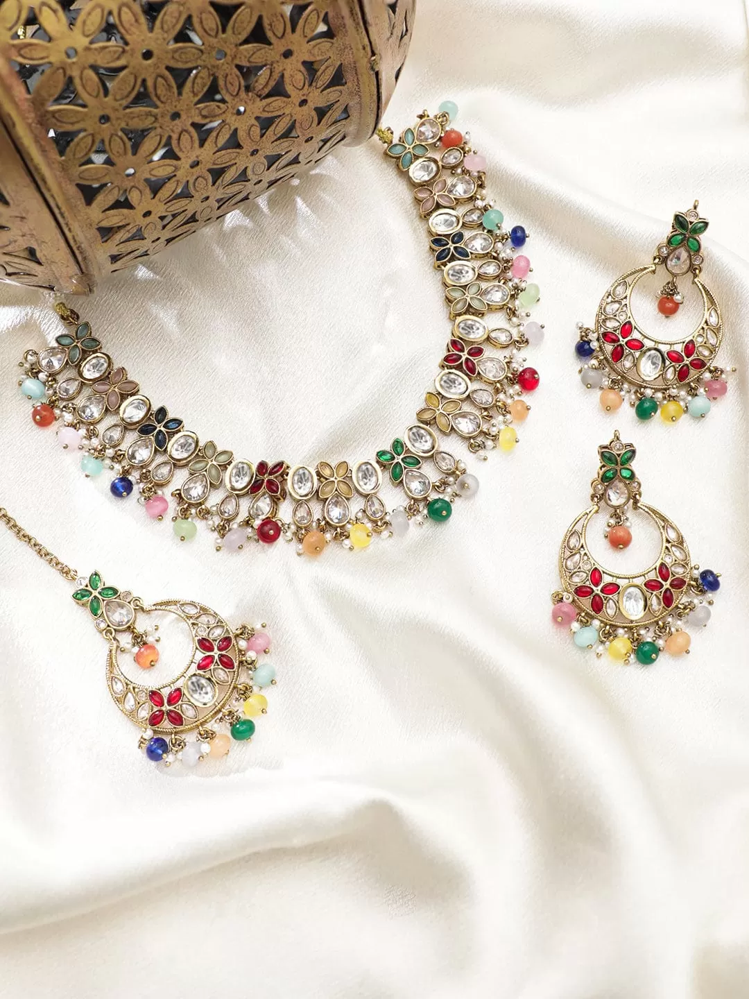 Rubans 22K Gold plated Multicolour beaded Polki studded  necklace set